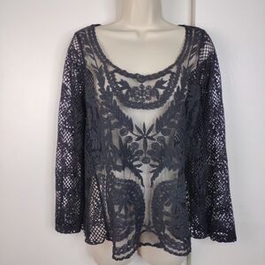 Tempo Paris Blouse Top Sheer Lace Knit Black Size L Floral Long Sleeve